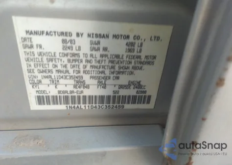 2003 Nissan Altima S from USA, damaged, VIN 1N4AL11D43C352459